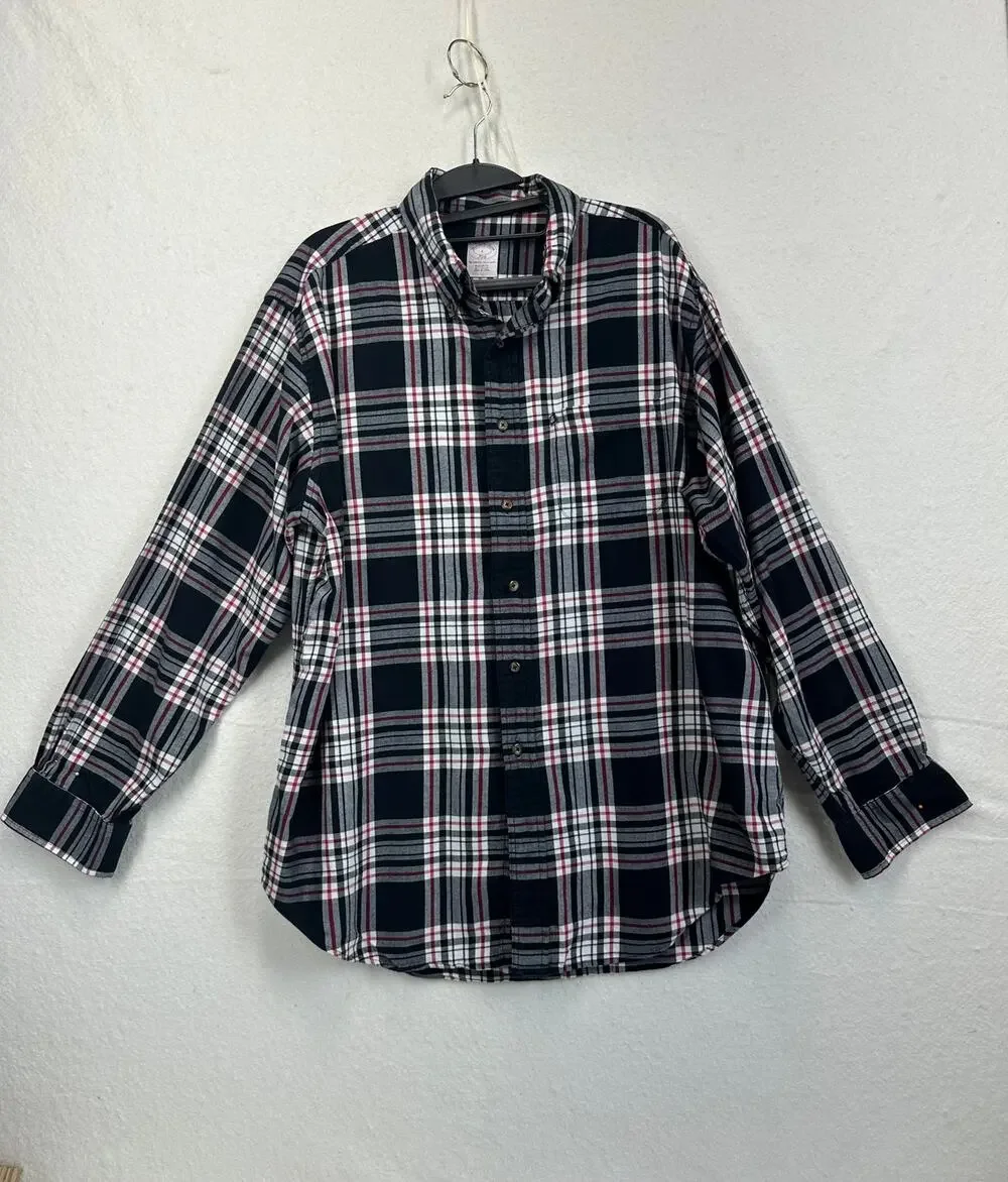 Brooks Brothers 346 L Plaid Button Down Men's Black White Red Cotton Flannel